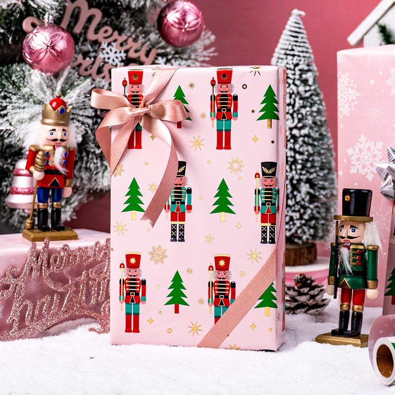 Retrify Nutcracker Christmas Wrapping Paper Roll, 17 Inches x 32.8 Feet Pink Gift Wrap for New Year Holiday, Christmas Tree/Snowflake/Star Design - Image 3